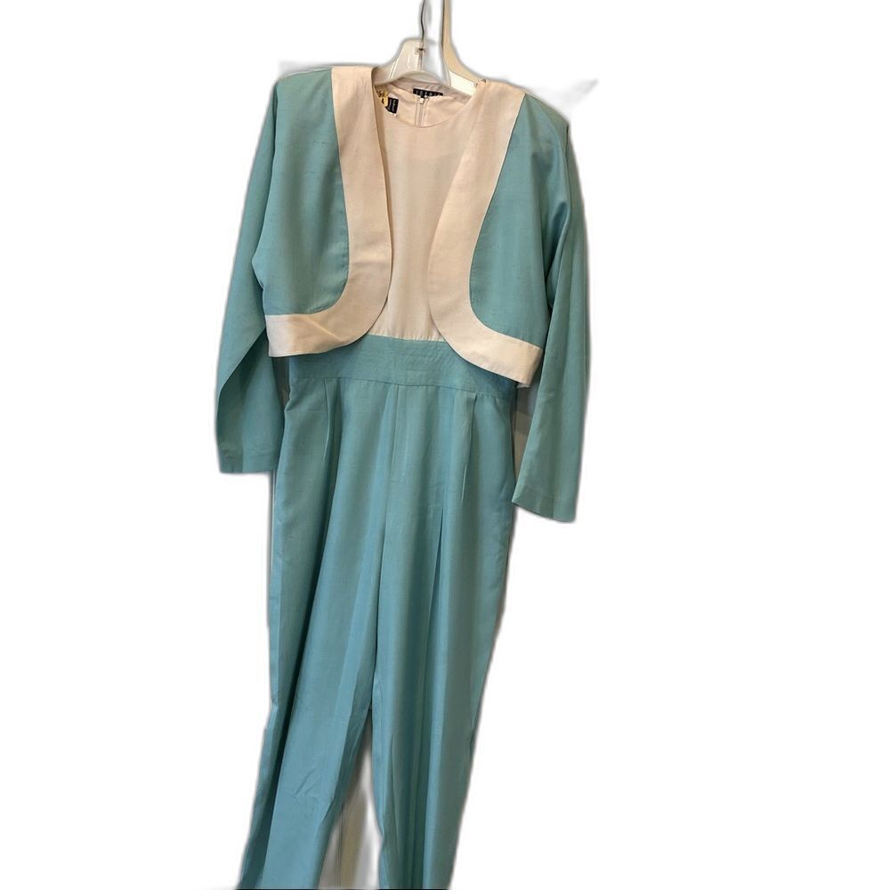 100% Silk TALL Jumpsuit Vintage 80s Joanie Char Bolero Jacket Fitted Waist 10